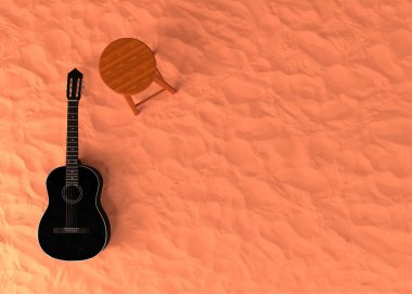 Turuncu kum üzerinde siyah klasik gitar ve sandalye.