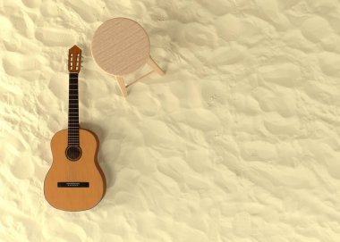 Klasik gitar ve sandalye kum üzerinde yatıyor.