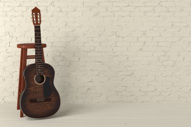 Kahverengi klasik gitar ve sandalye açık sarı tuğla duvarın yanında.