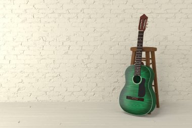 Yeşil klasik gitar ve sandalye, açık sarı tuğlalı duvar 3D görüntüleme.
