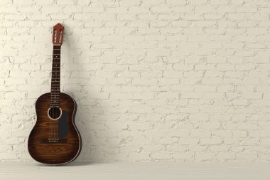 Kahverengi klasik gitar sarı tuğla duvara dayanır 3D render