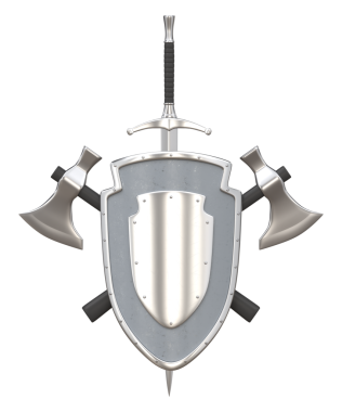 Kılıçlı ortaçağ kalkanı ve çapraz savaş baltaları 3D görüntüsü.