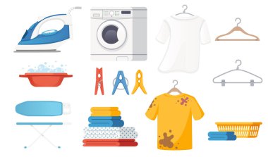Çamaşır yıkama makinesi çamaşır makinesi kirli çamaşır leğeni ve çamaşır mandalları vektör çizimi beyaz arka planda izole.