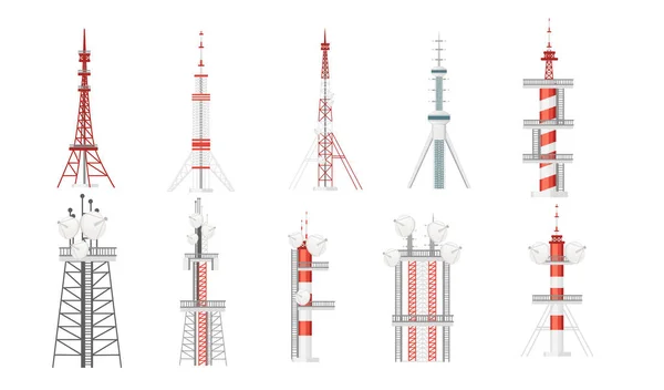 白い背景に隔離されたテレビラジオネットワークやGsm技術ベクトルイラストのための近代的な通信タワー建設のセット — ストックベクタ