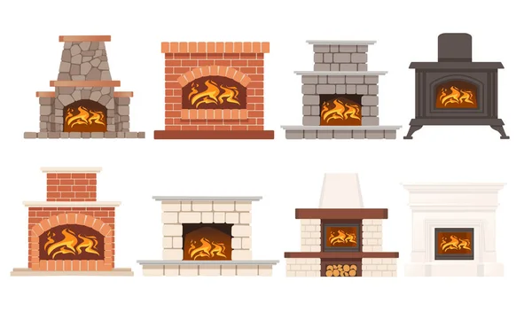 白色背景下隔热火焰矢量图解的一套现代石制壁炉 — 图库矢量图片