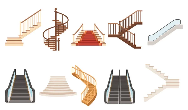 Conjunto Escaleras Madera Con Escaleras Mecánicas Modernas Construcción Interior Diseño — Archivo Imágenes Vectoriales