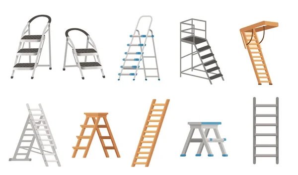 Set Van Stalen Houten Vouwbare Draagbare Ladder Huishoudelijke Apparatuur Vector — Stockvector