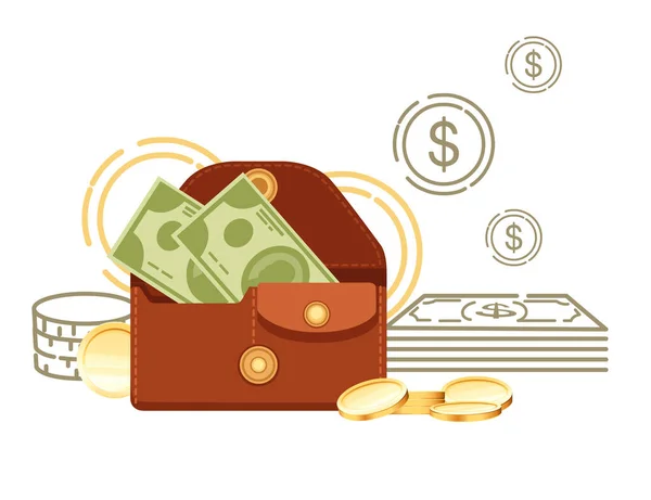 Braunes Lederportemonnaie Mit Papierwährung Dollar Vektor Illustration Auf Weißem Hintergrund — Stockvektor