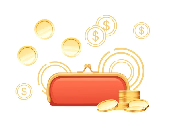 白い背景に金色のコインベクトルイラスト付き赤い財布 — ストックベクタ