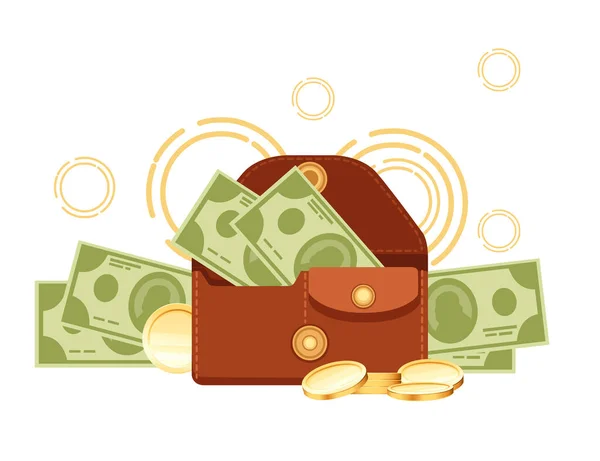 茶色の革財布と紙通貨米ドルベクトルイラスト上の白い背景 — ストックベクタ