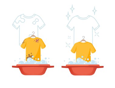 Red plastic basin with soap suds bowl with water and washing detergent vector illustration isolated on white background.