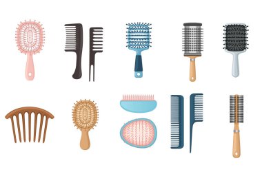Saç bakımı için farklı saç fırçası seti beyaz arkaplanda izole edilmiş plastik tarak vektör çizimi.
