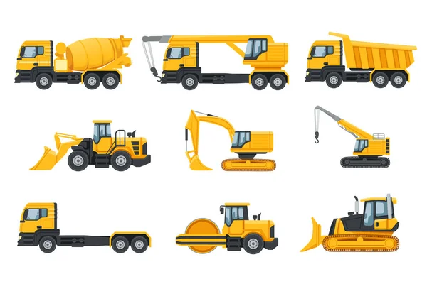 Set Industrial Heavy Machinery Transportation Isolated White Background — Stock Vector