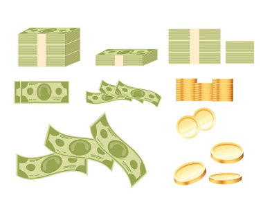 Beyaz arkaplanda izole edilmiş altın sikkeler ve kağıt dolar para birimi vektör çizimi.