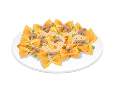 Beyaz arka planda soslu İtalyan makarnası farfalle mutfak zımbası, mantar peyniri ve bezelye vektör çizimi yemek için hazır..