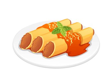 İtalyan makarnası cannelloni yemek için hazır et bitkileri ve beyaz arka planda sos vektör illüstrasyonu.
