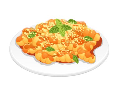 Beyaz arka planda vektör peyniri ve sos örnekleriyle İtalyan makarnası gnocchi yemek için hazır..