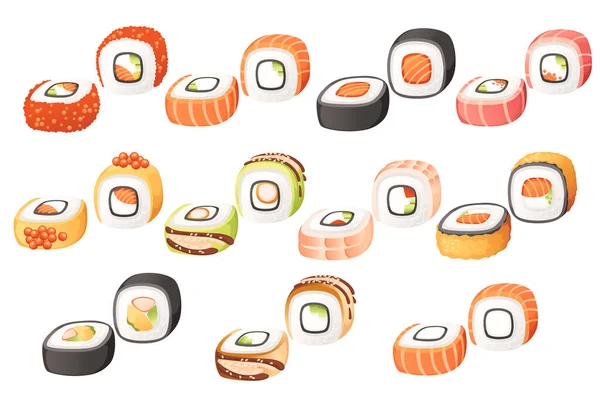 Conjunto Rolos Sushi Maki Com Diferentes Ingredientes Ilustração Vetorial Isolado — Vetor de Stock