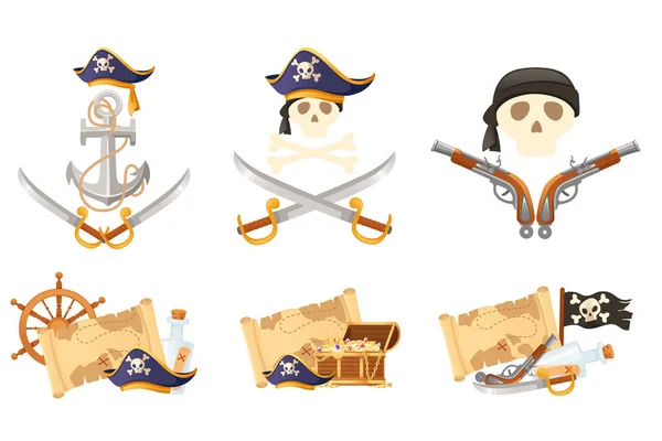 Set Pirate Theme Ship Skull Weapon Vector Illustration White Background — Stock Vector