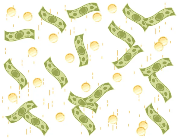 Düşen Altın Sikkeler Dolar Banknotları Para Yağmuru Vektör Illüstrasyonları Beyaz — Stok Vektör