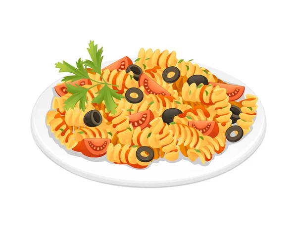 Έτοιμο Για Κατανάλωση Πιάτο Ιταλική Μακαρονάδα Fusilli Κουζίνα Συνδετήρες Ελιές — Διανυσματικό Αρχείο