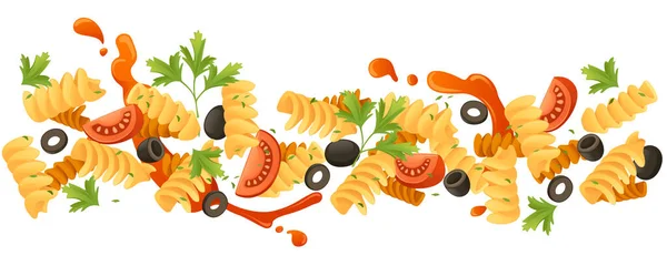 Klaar Eten Italiaanse Pasta Fusilli Keuken Nietjes Met Olijven Kruiden — Stockvector