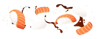 Beyaz arka planda geleneksel Japon besin vektörü illüstrasyonlu suşi yemekleri..