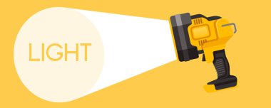 Sarı zemin üzerinde ışık ışını vektör çizimi olan modern el feneri acil durum lambası