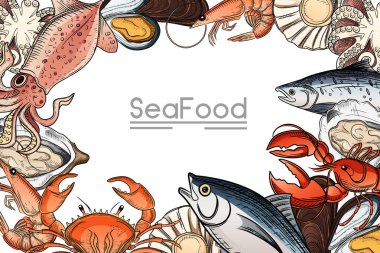 Beyaz arkaplan üzerinde metin ile farklı türde bir lezzet vektör illüstrasyonuna sahip deniz ürünleri dairesi deseni tasviri.
