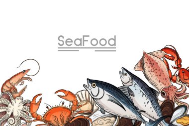 Beyaz zemin üzerinde metin ile farklı türde lezzet vektör illüstrasyonuna sahip deniz ürünleri koleksiyonu tasviri.