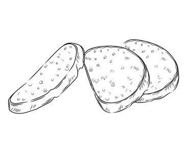 Beyaz arkaplanda izole edilmiş taze dilimlenmiş beyaz ekmek parçası el çizimi biçim vektör çizimi.