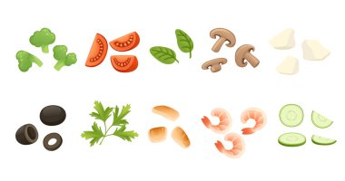 Beyaz arka planda izole edilmiş taze sebze sağlıklı besin vektörü çizimleri..