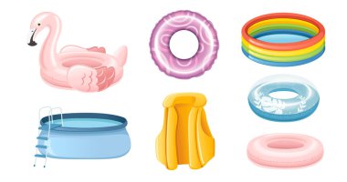 Beyaz arkaplanda izole edilmiş yüzme vektörü çizimi için şişirilebilir araçlar kümesi.