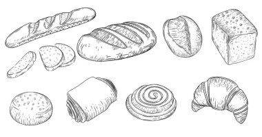 Fırın ürünleri kümesi beyaz arkaplanda el çizimi biçim çizimi illüstrasyonuName.