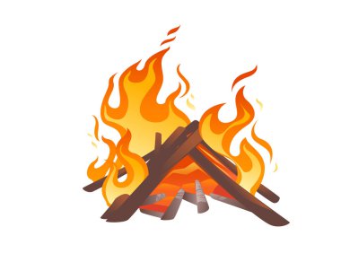 Beyaz zemin üzerinde yanan odun ve alev vektörü çizimi olan şenlik ateşi.