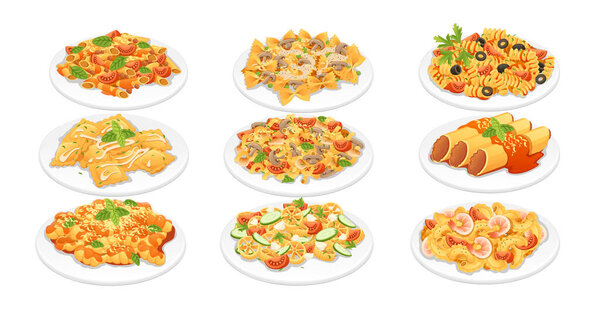 Set of Ready for eat dish italian pasta vector illustration on white background.