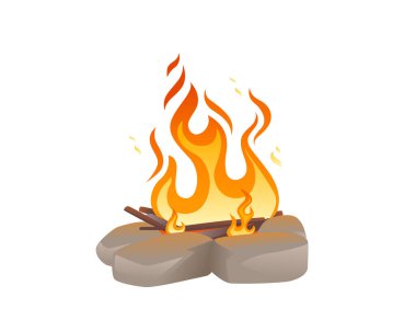 Beyaz zemin üzerinde yanan odun ve alev vektörü çizimi olan şenlik ateşi.