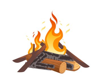 Beyaz zemin üzerinde yanan odun ve alev vektörü çizimi olan şenlik ateşi.