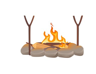 Beyaz zemin üzerinde yanan odun ve alev vektörü çizimi olan şenlik ateşi.