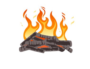 Beyaz zemin üzerinde yanan odun ve alev vektörü çizimi olan şenlik ateşi.