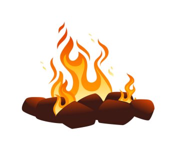 Beyaz zemin üzerinde yanan odun ve alev vektörü çizimi olan şenlik ateşi.