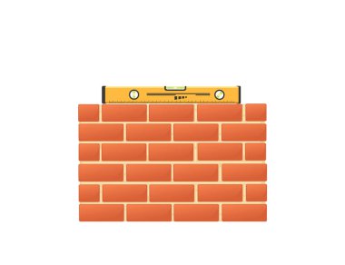 Beyaz arkaplanda yüksek kaliteli kırmızı tuğlalar ve seviye vektör illüstrasyonuna sahip tuğla işleri.