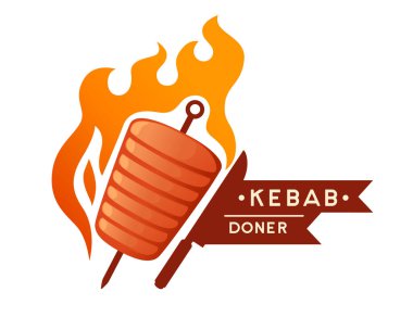 Beyaz arka planda şiş kebap ızgara eti ve ateş logosu tasarım vektör çizimi.