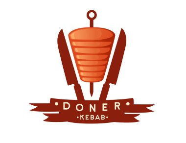 Beyaz arka planda şiş ve bıçaklı kebap ızgara et logo tasarımı vektör çizimi.