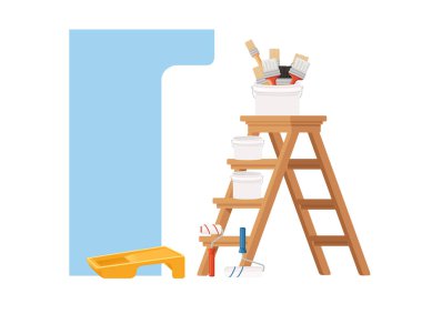 Beyaz arkaplanda izole edilmiş merdiven boyası silindirli ve akryl mat vektör illüstrasyonlu ev yenilemesi.