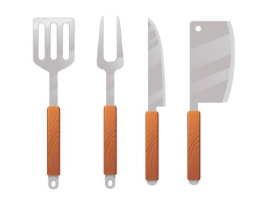 Beyaz arkaplanda izole edilmiş, ahşap saplı çatal çatal spatula alet vektör illüstrasyonuna sahip BBQ araçları.