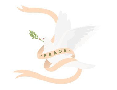 Beyaz güvercin kuşu ve yeşil yapraklı vektör illüstrasyonlu uluslararası barış günü işareti.