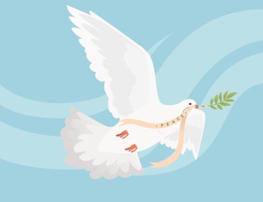 Beyaz güvercin kuşu ve yeşil yapraklı resimli barış günü işareti.