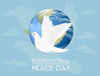 Beyaz güvercin kuşu ve dünya vektör illüstrasyonuyla uluslararası barış günü işareti.