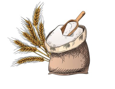 Beyaz zemin üzerinde kürek vektör çizimi olan un paketinin taslağını çiz.